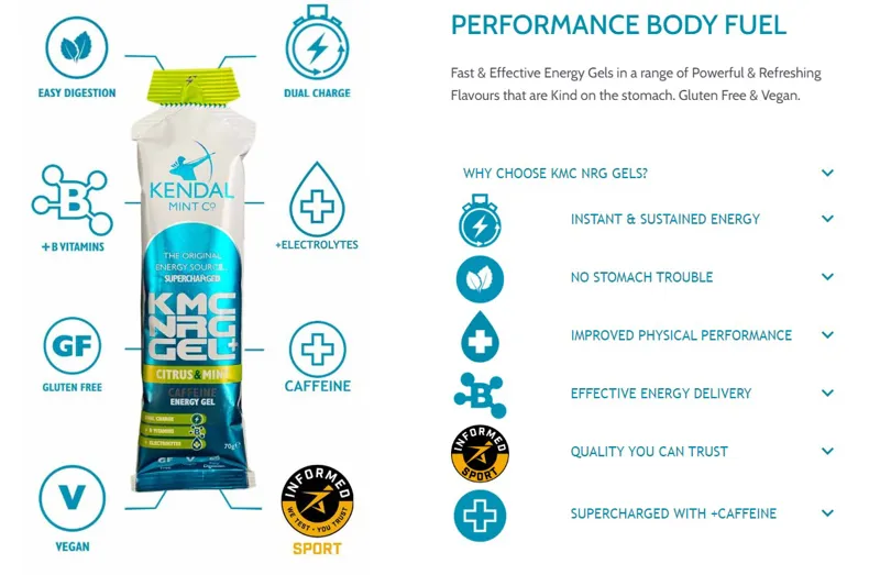 Kendal Mint KMC NRG GEL Caffeine Energy Gel in Citrus and Mint x 12 Gels-1